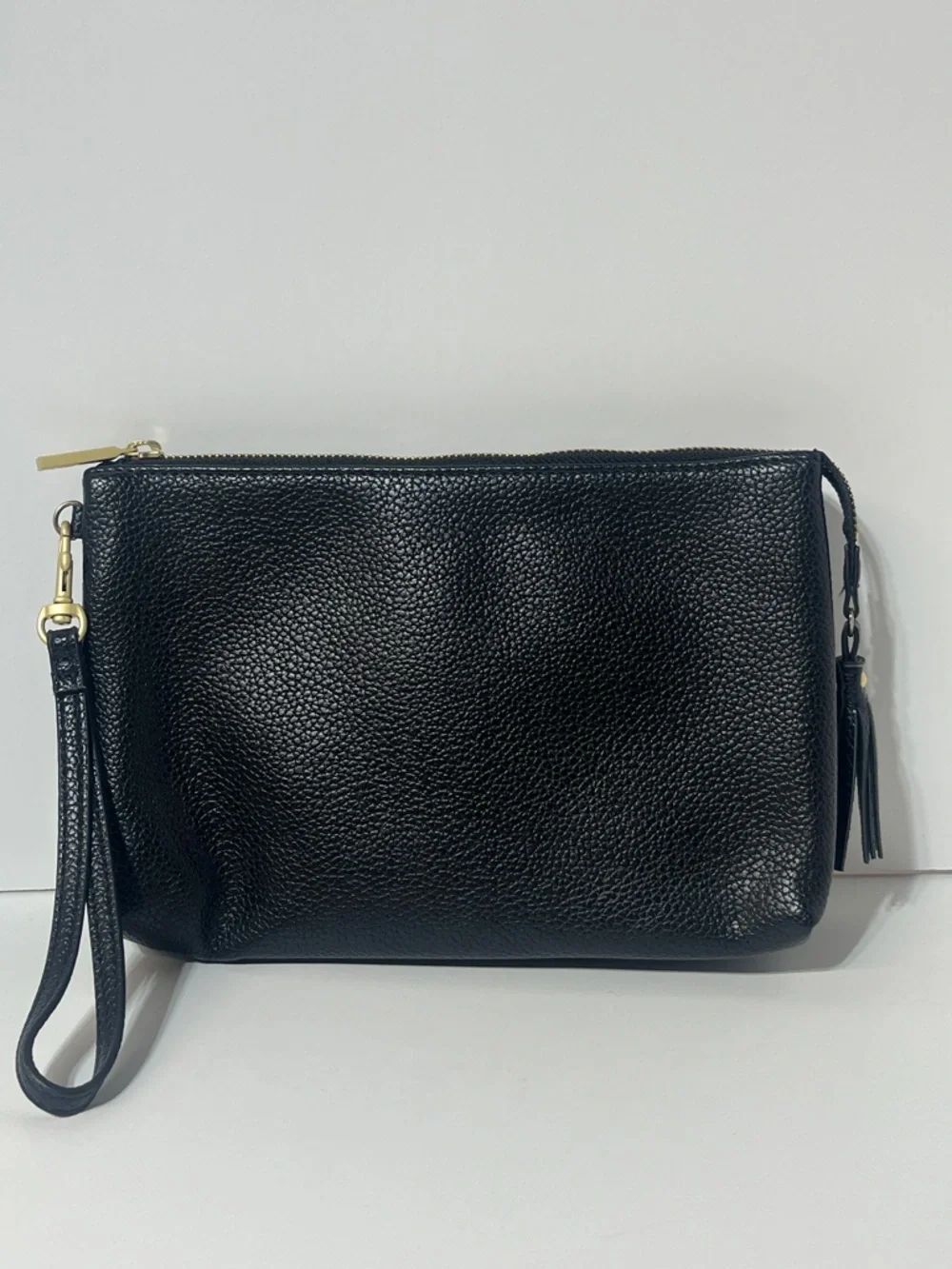 Freshly Picked Black Faux Leather Wristlet Clutch Gold Logo Tassel Strap